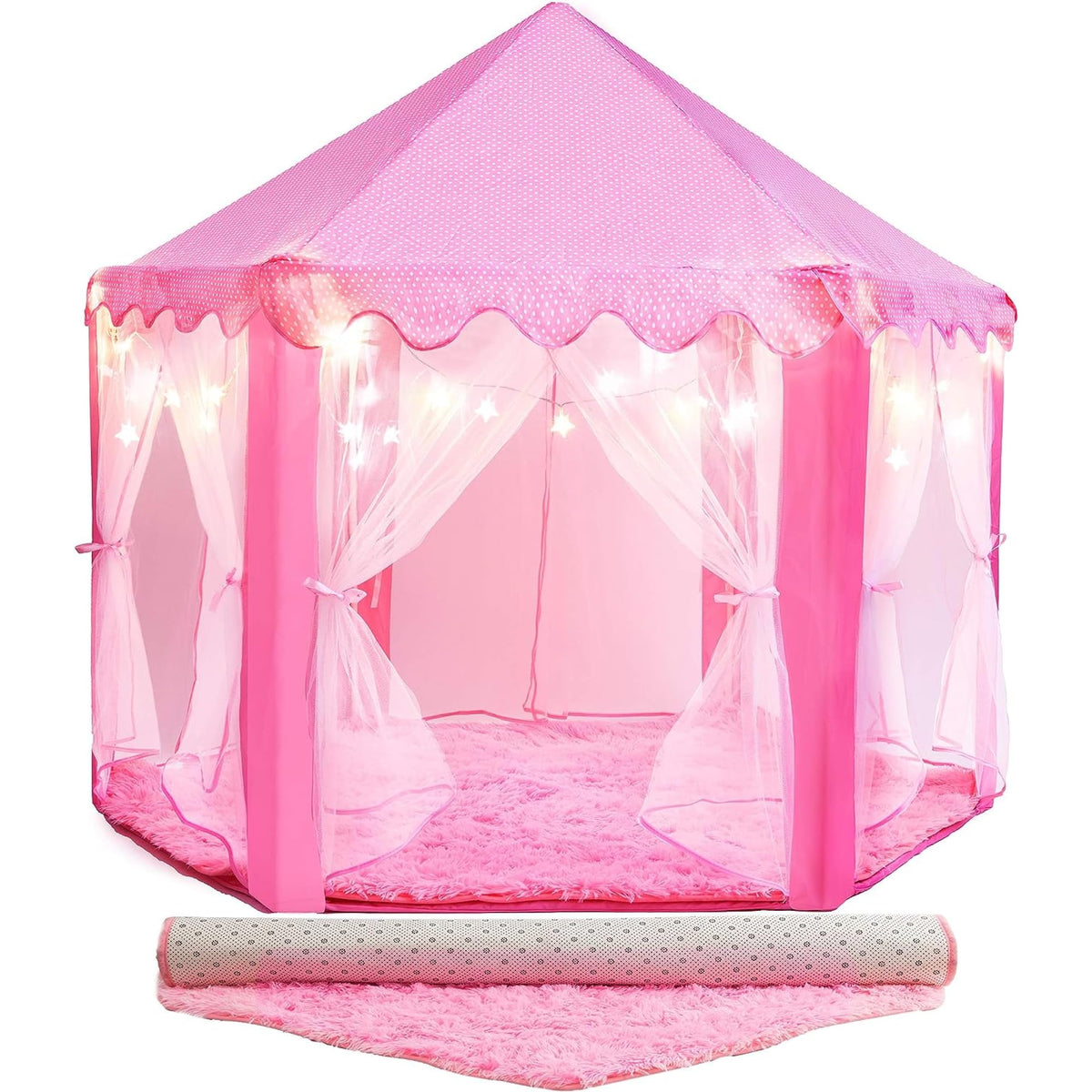 Playvibe Princess Tent For Kids - Includes Ultra Soft Rug & Led Star Lights | Princess Castle Little Girls Play Tent | Astm Certified | 55 X 53 Inch | Kid Playhouse Toys