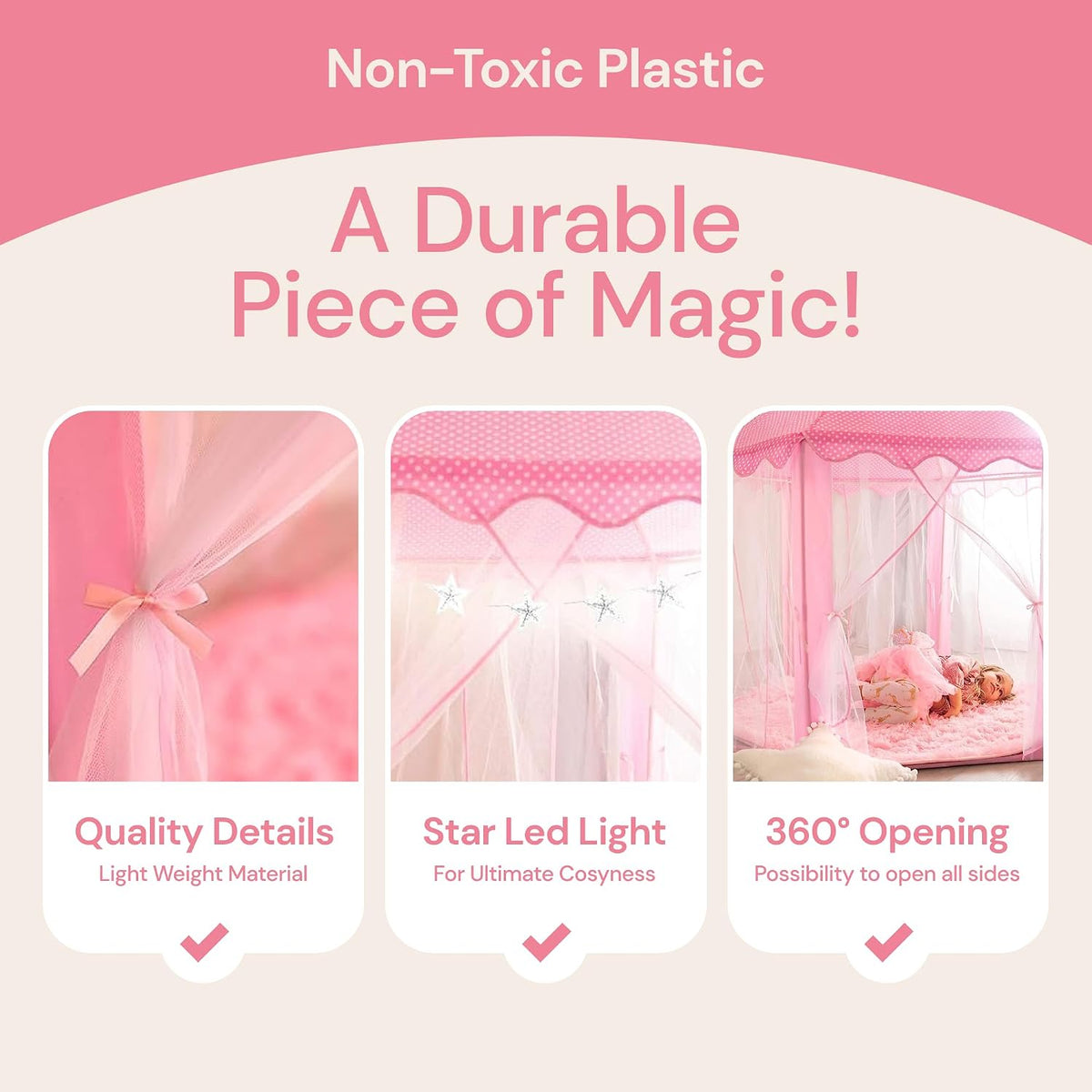 Playvibe Princess Tent For Kids - Includes Ultra Soft Rug & Led Star Lights | Princess Castle Little Girls Play Tent | Astm Certified | 55 X 53 Inch | Kid Playhouse Toys