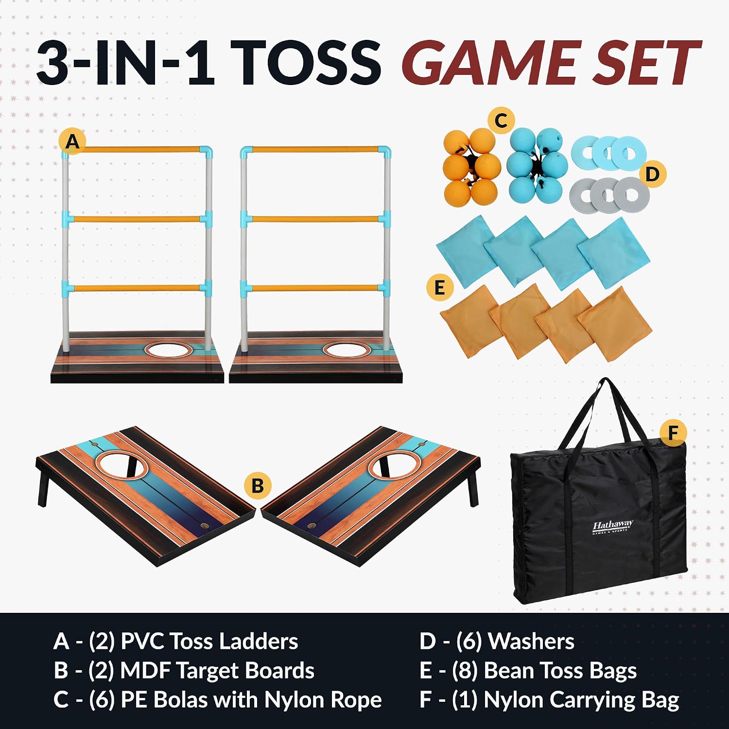 Hathaway Triple Play 3-in-1 Toss Game for Bean Nylon Carry Bag Lawn Set