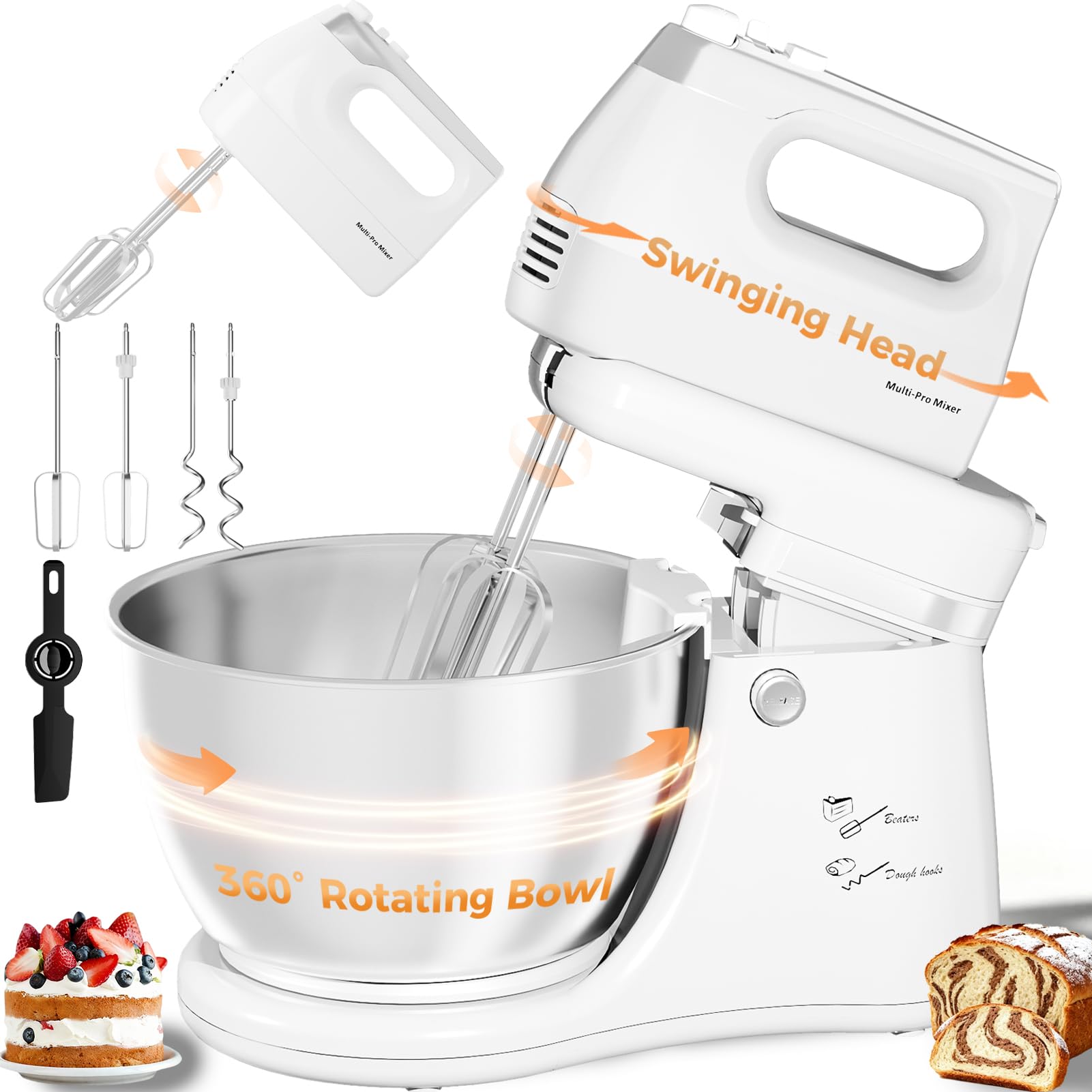 4.8QT 2-in-1 Stand Mixer, Electric Kitchen Mixer with Auto-Rotating Bowl & Tilt-Head, 5-Speed 250W Turbo Baking Machine for Beginners with Beater & Dough Hook for Cookie, Bread, Cake (White)