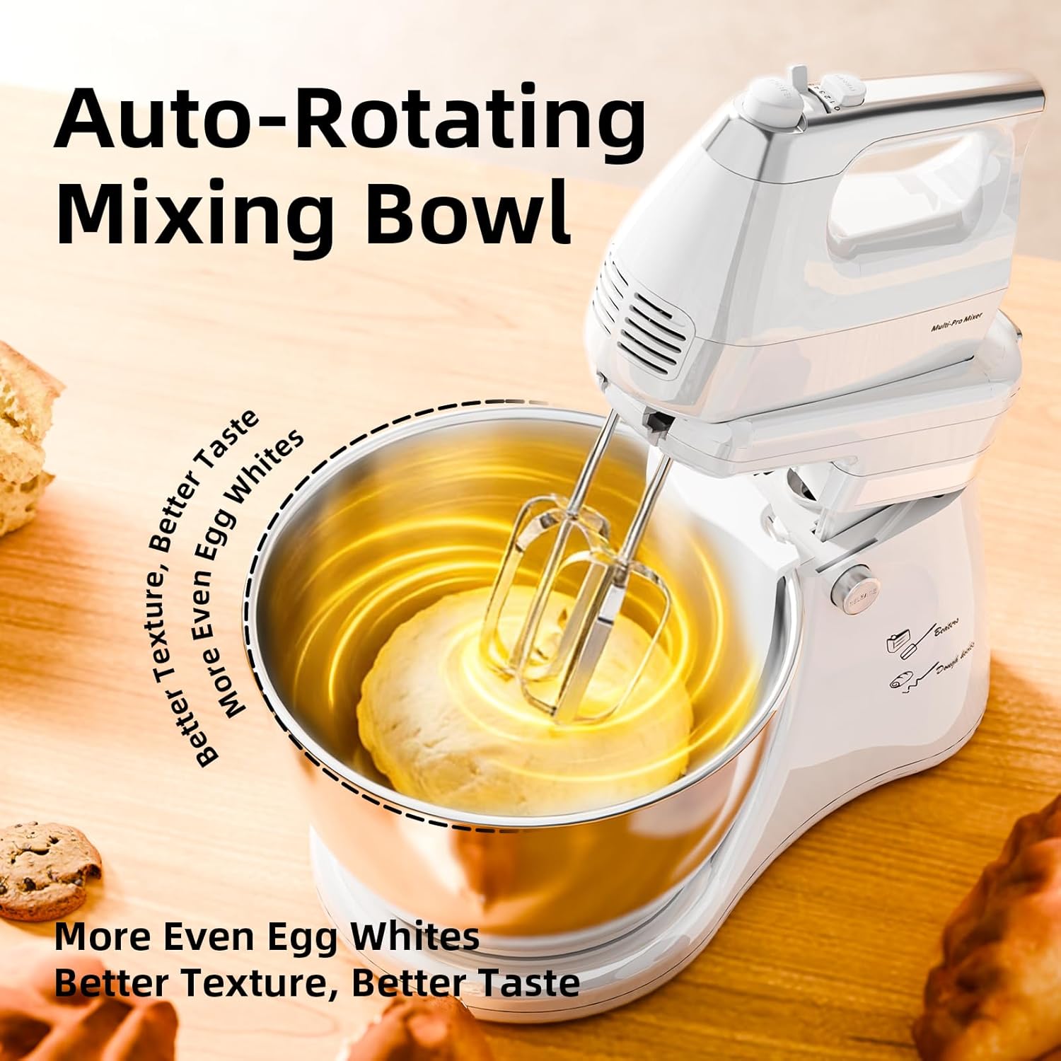 4.8QT 2-in-1 Stand Mixer, Electric Kitchen Mixer with Auto-Rotating Bowl & Tilt-Head, 5-Speed 250W Turbo Baking Machine for Beginners with Beater & Dough Hook for Cookie, Bread, Cake (White)