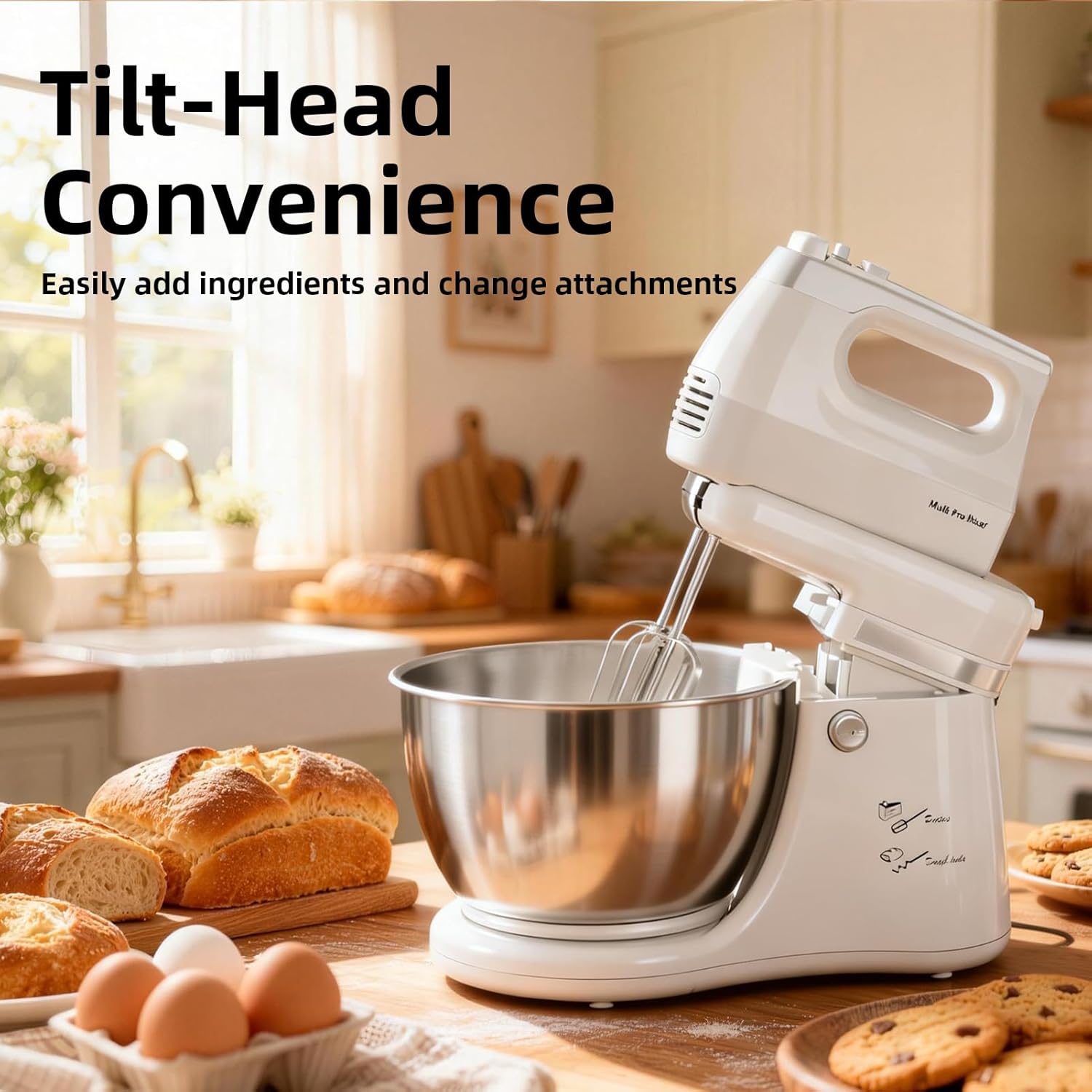 4.8QT 2-in-1 Stand Mixer, Electric Kitchen Mixer with Auto-Rotating Bowl & Tilt-Head, 5-Speed 250W Turbo Baking Machine for Beginners with Beater & Dough Hook for Cookie, Bread, Cake (White)