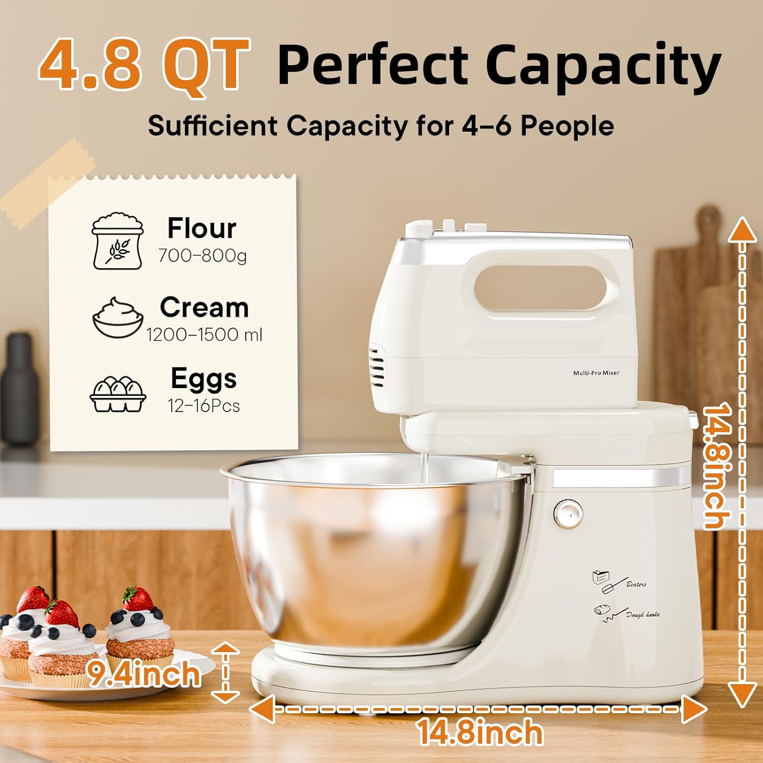 4.8QT 2-in-1 Stand Mixer, Electric Kitchen Mixer with Auto-Rotating Bowl & Tilt-Head, 5-Speed 250W Turbo Baking Machine for Beginners with Beater & Dough Hook for Cookie, Bread, Cake (White)