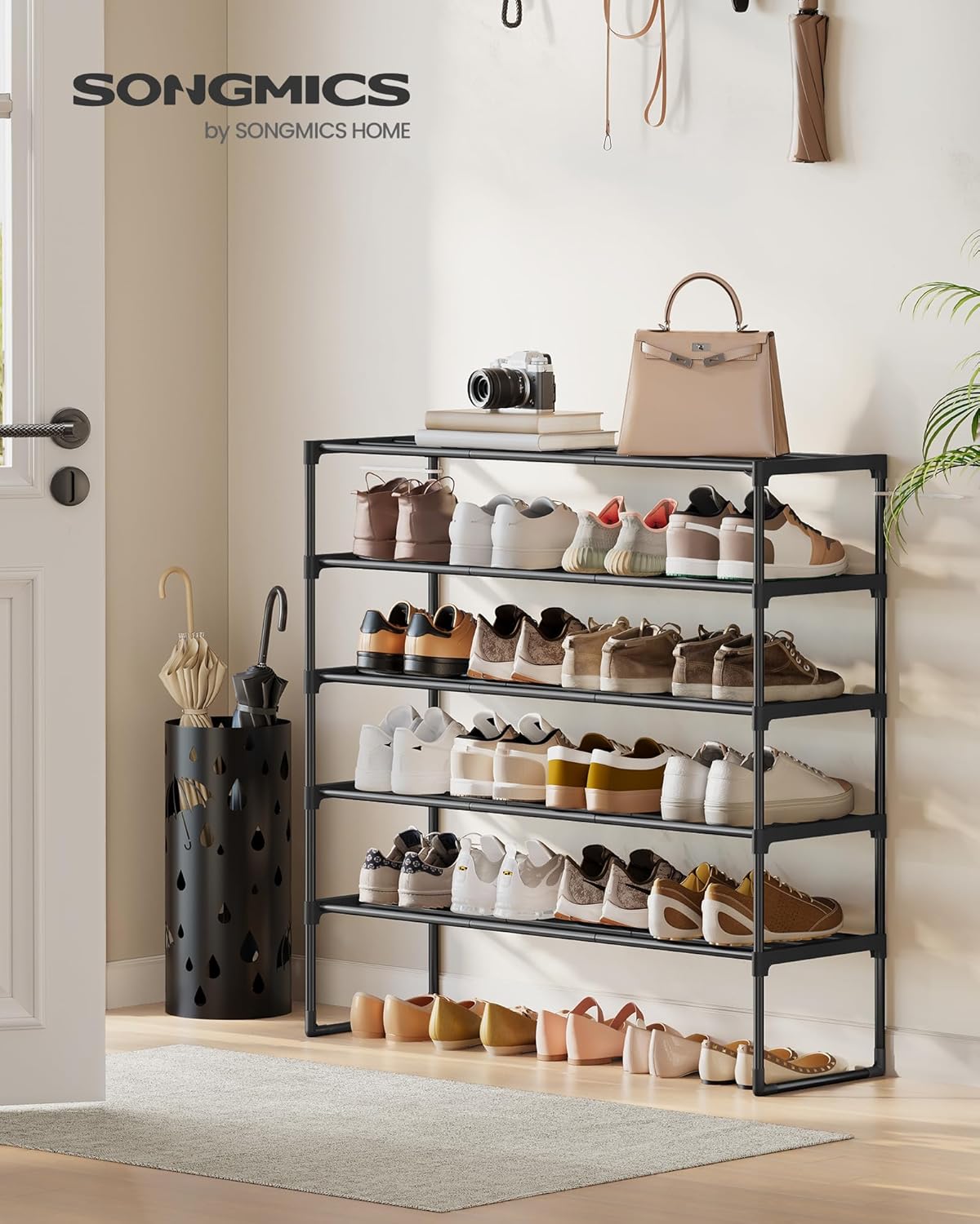 SONGMICS Shoe Rack, 5-Tier Shoe Organizer, Metal Storage Shelf, Upright or Upside Down, for 20-25 Pairs, Stackable, for Entryway, 11.8 x 36.2 x 35.4 Inches, Black