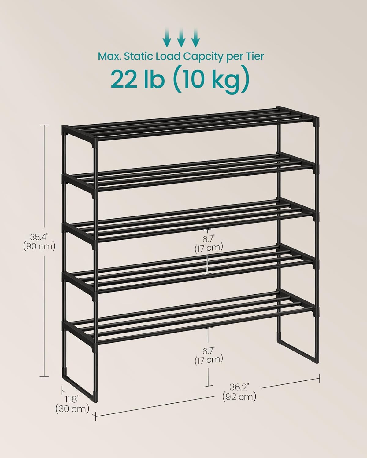 SONGMICS Shoe Rack, 5-Tier Shoe Organizer, Metal Storage Shelf, Upright or Upside Down, for 20-25 Pairs, Stackable, for Entryway, 11.8 x 36.2 x 35.4 Inches, Black