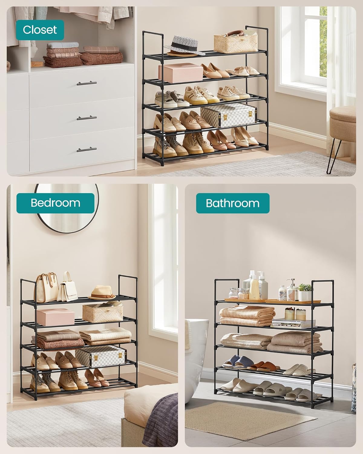 SONGMICS Shoe Rack, 5-Tier Shoe Organizer, Metal Storage Shelf, Upright or Upside Down, for 20-25 Pairs, Stackable, for Entryway, 11.8 x 36.2 x 35.4 Inches, Black
