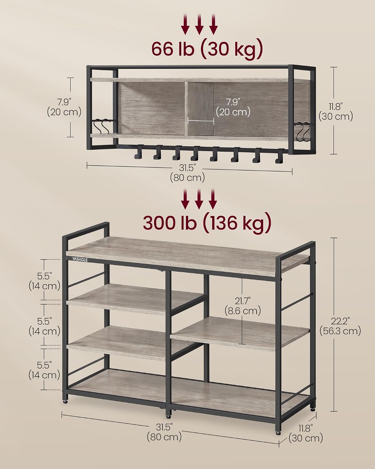 VASAGLE Hall Tree with Shoe Bench, Coat Rack Shoe Bench Set, Entryway Furniture, Multifunctional, 12 Metal Hooks, 4-Tier Shoe Rack, for Entryway, Bedroom, Heather Gray, 31.5"W x 22.2"H