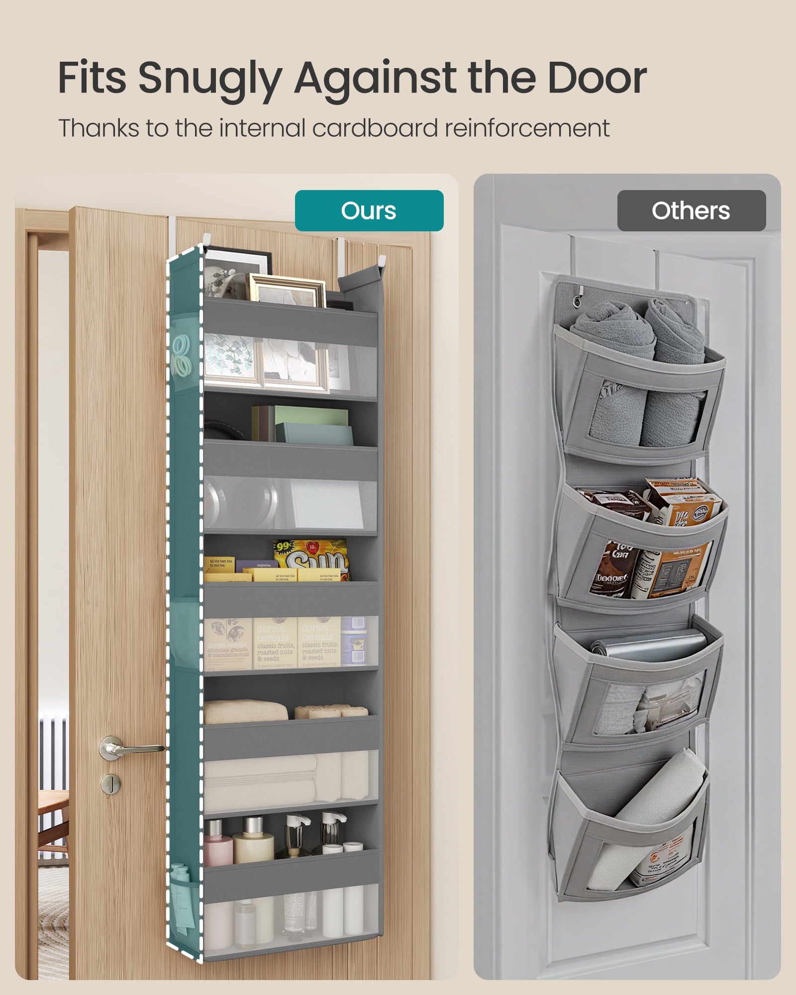 SONGMICS Over the Door Organizers, Set of 2, with 5 Large Pockets, 5-Tier Fabric Storage, Transparent Nylon Mesh, Hooks, Side Pouches, Dove Gray