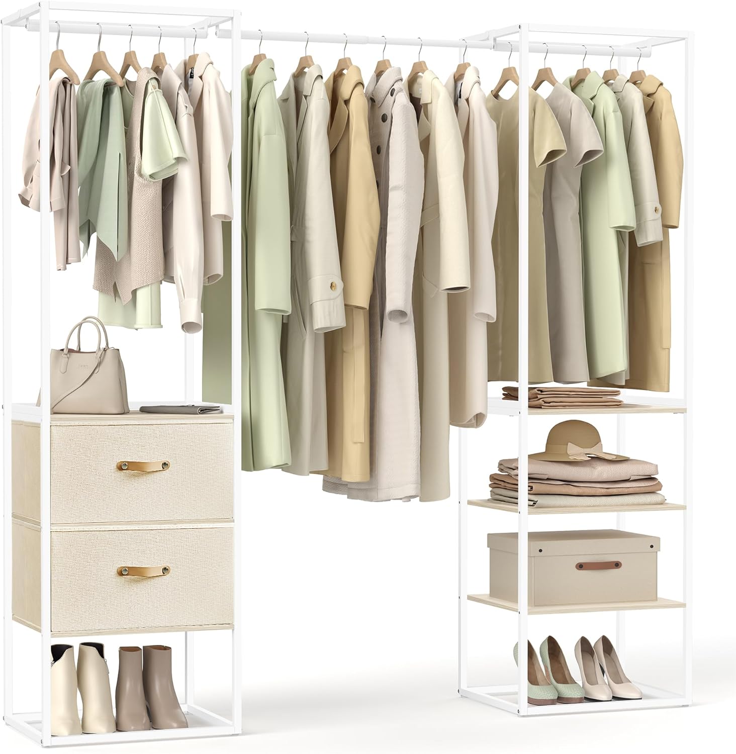 SONGMICS Clothes Rack, 70.9 Inch Wardrobe Freestanding Closet, Heavy Duty Garment Rack with 1 Extendable Hanging Rod, 2 Drawers and 4 Shelves, for Bedroom, Space-Saving, Natural Beige