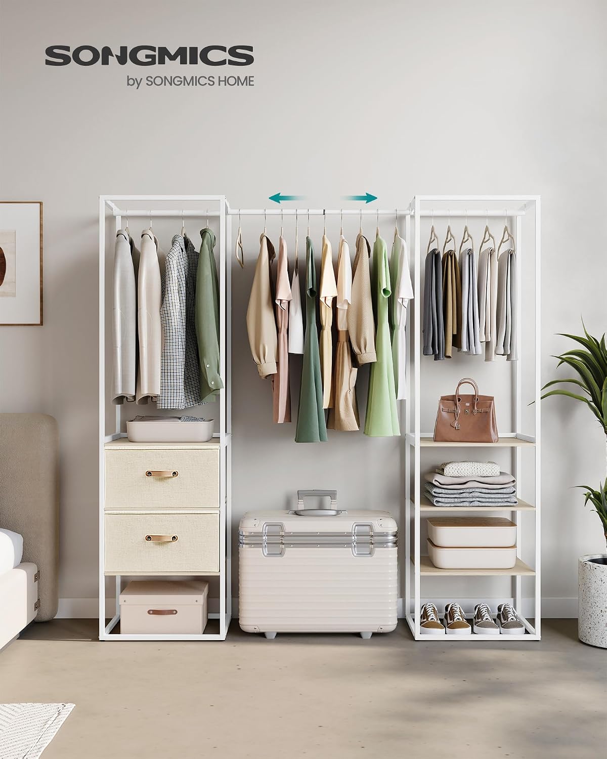 SONGMICS Clothes Rack, 70.9 Inch Wardrobe Freestanding Closet, Heavy Duty Garment Rack with 1 Extendable Hanging Rod, 2 Drawers and 4 Shelves, for Bedroom, Space-Saving, Natural Beige