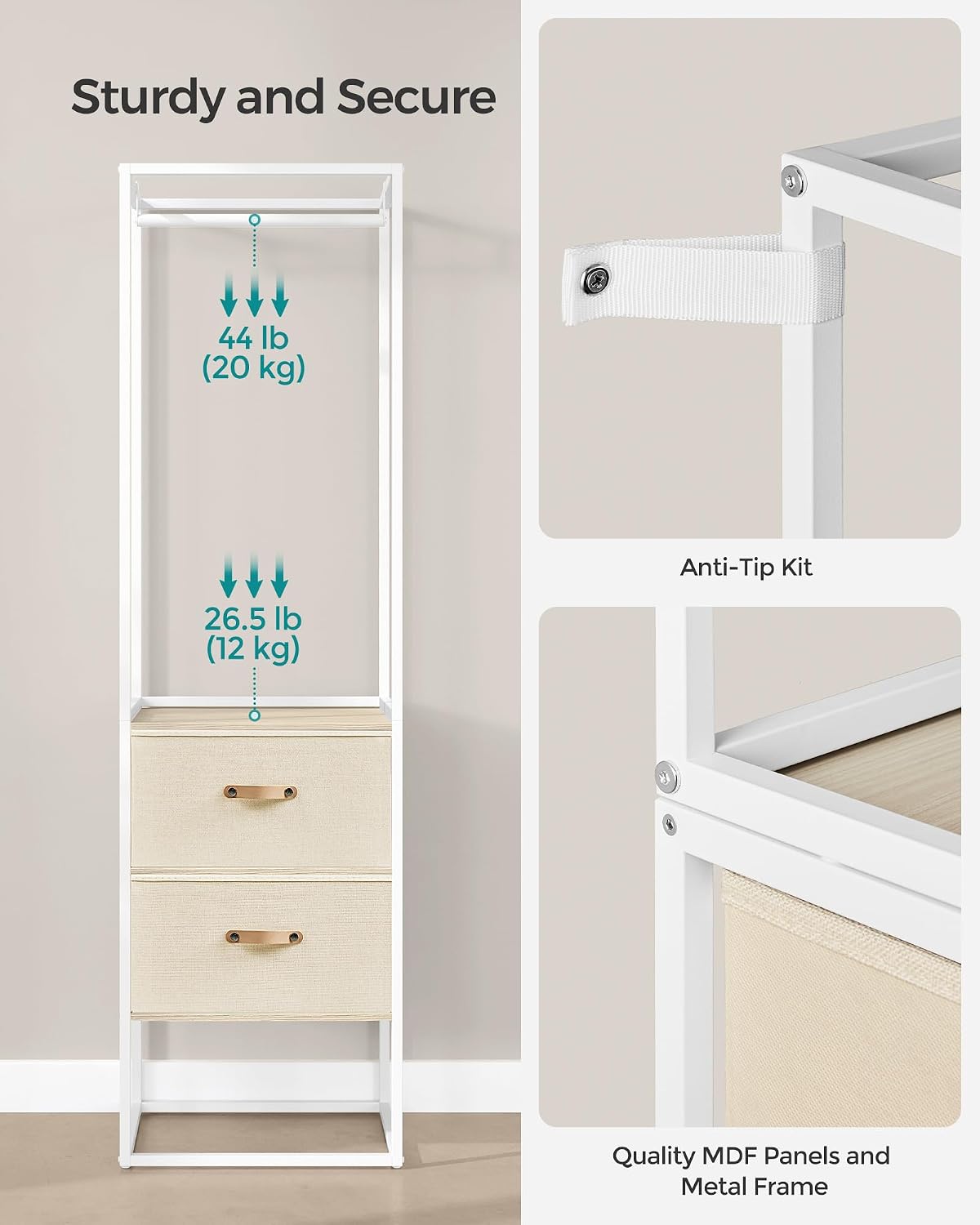 SONGMICS Clothes Rack, 70.9 Inch Wardrobe Freestanding Closet, Heavy Duty Garment Rack with 1 Extendable Hanging Rod, 2 Drawers and 4 Shelves, for Bedroom, Space-Saving, Natural Beige