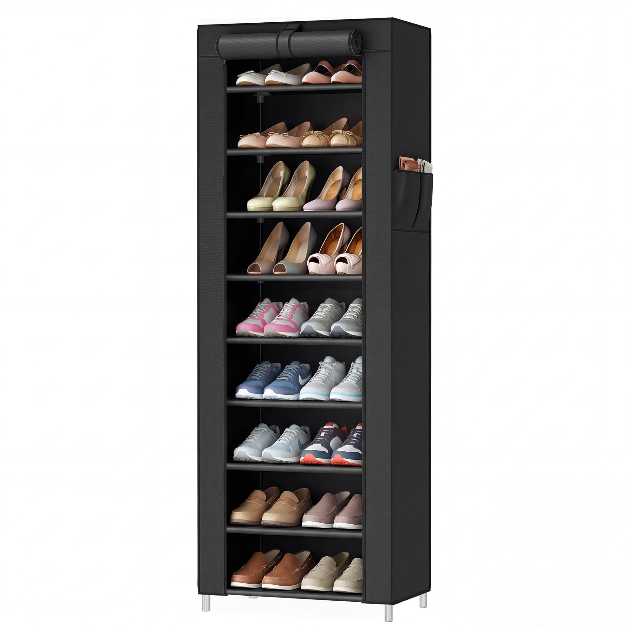 SONGMICS Home Shoe Rack 10-Tier, Tall Narrow Metal Shoe Organizer with Dust Cover, 11.2 x 19.1 x 63.2 Inches, Vertical Storage Cabinet for Closet Entryway, Black