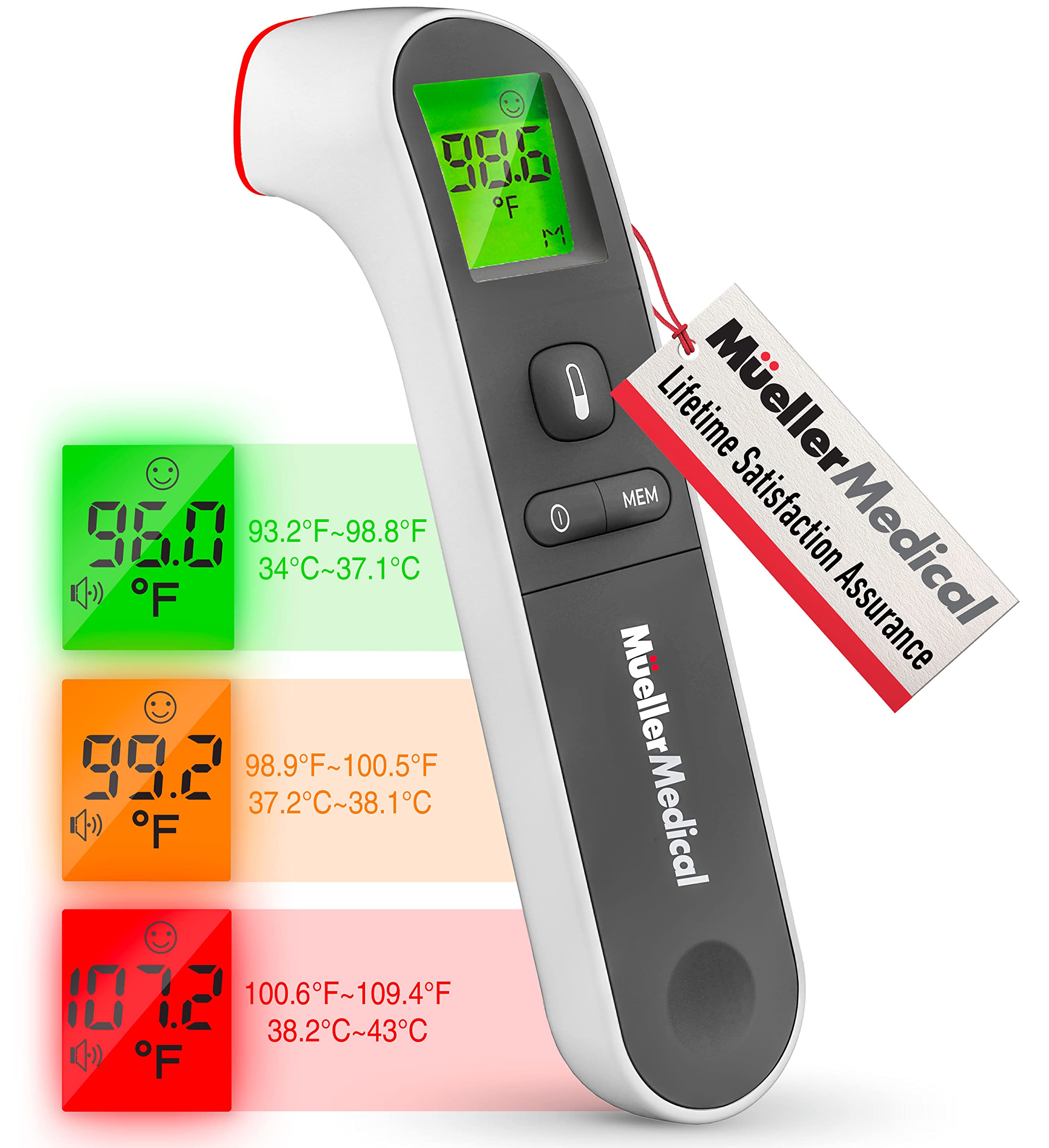Mueller Non-Contact Infrared Thermometer for Adults and Kids, Thermometer for Fever, Body and Surface Memory Recall, Auto Power-Off with Backlight Indicator, Gray