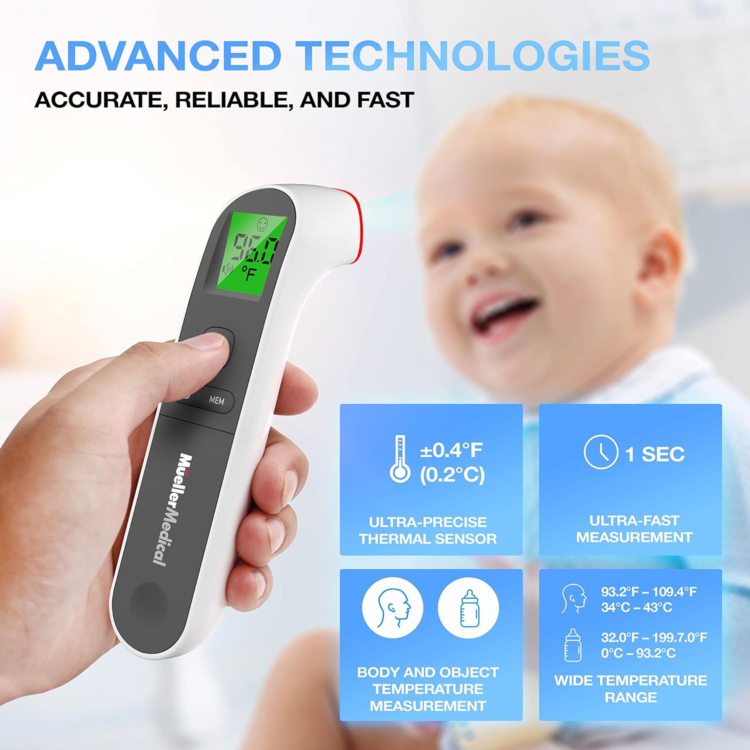 Mueller Non-Contact Infrared Thermometer for Adults and Kids, Thermometer for Fever, Body and Surface Memory Recall, Auto Power-Off with Backlight Indicator, Gray