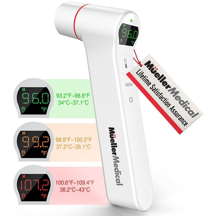 Mueller Non-Contact Infrared Thermometer for Adults and Kids, Thermometer for Fever, Body and Surface Memory Recall, Auto Power-Off with Backlight Indicator, White