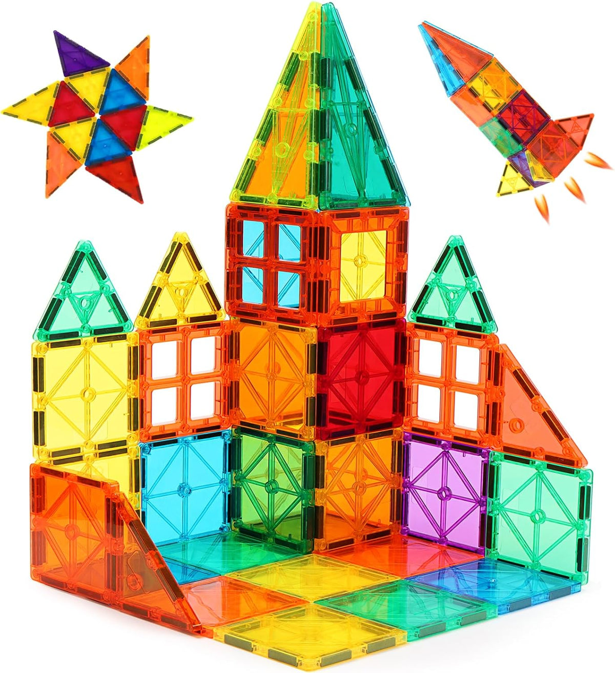 PLAYVIBE Magnetic Tiles - 60 Piece Set, Multicolor, STEM Toys | 60pc magnetic building tiles - strong magnets - Use for STEM play, sensory learning