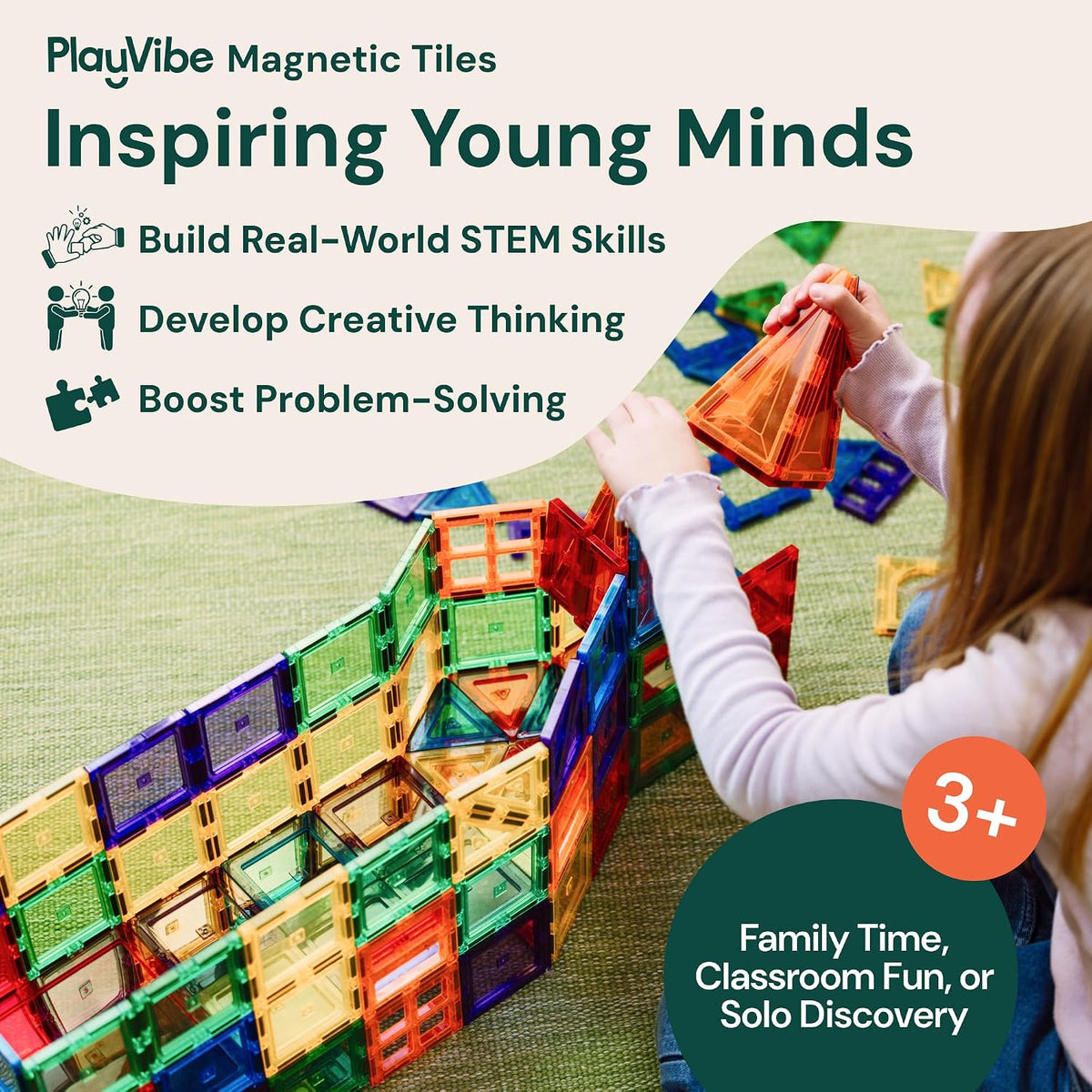 PLAYVIBE Magnetic Tiles - 60 Piece Set, Multicolor, STEM Toys | 60pc magnetic building tiles - strong magnets - Use for STEM play, sensory learning