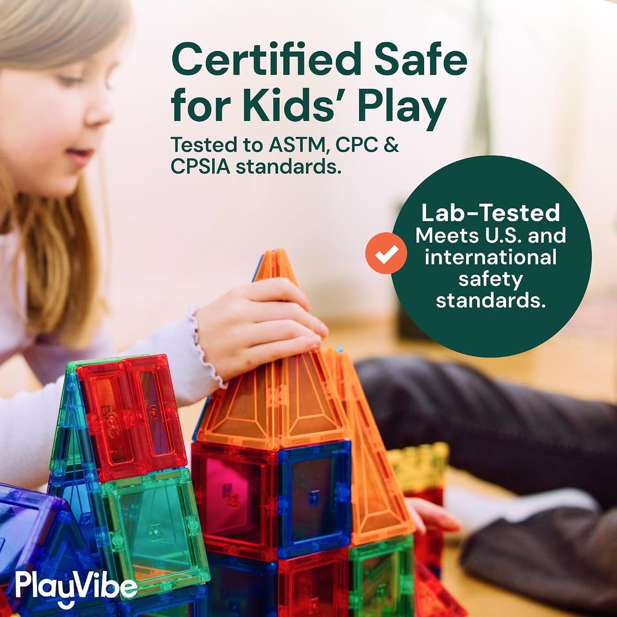 PLAYVIBE Magnetic Tiles - 60 Piece Set, Multicolor, STEM Toys | 60pc magnetic building tiles - strong magnets - Use for STEM play, sensory learning