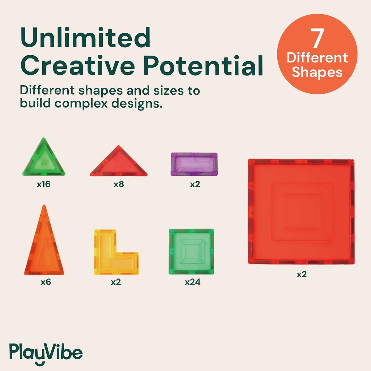 PLAYVIBE Magnetic Tiles - 60 Piece Set, Multicolor, STEM Toys | 60pc magnetic building tiles - strong magnets - Use for STEM play, sensory learning