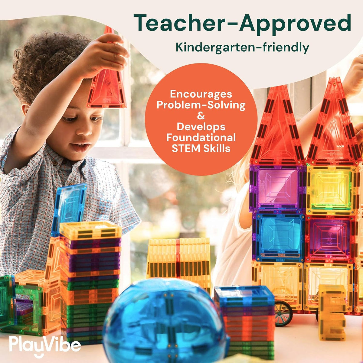 PLAYVIBE Magnetic Tiles - 60 Piece Set, Multicolor, STEM Toys | 60pc magnetic building tiles - strong magnets - Use for STEM play, sensory learning