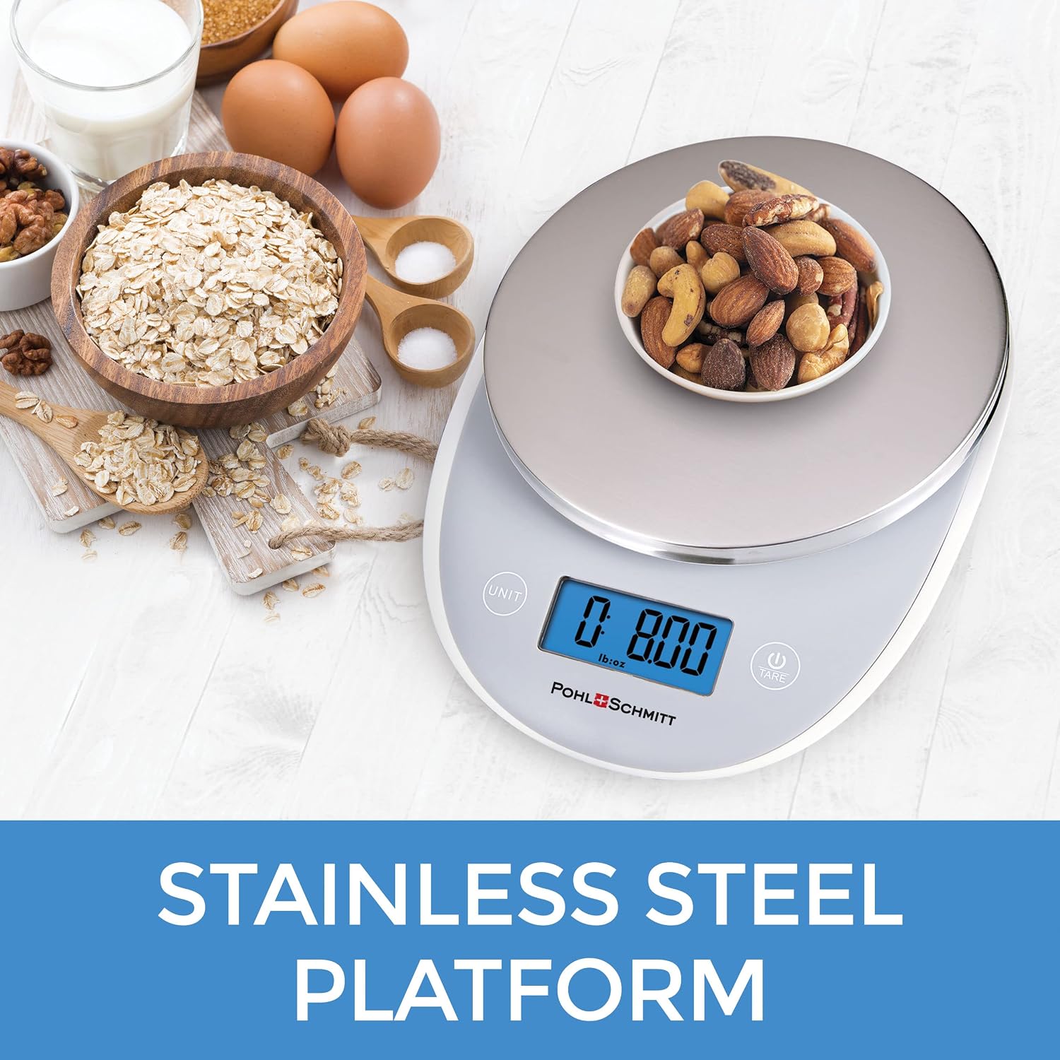 Pohl Schmitt Digital Food Kitchen Scale, Batteries Included, Multifunctional Weight Measuring Device in Grams/Ounces, Auto Shut-Off, Stainless Steel, Silver