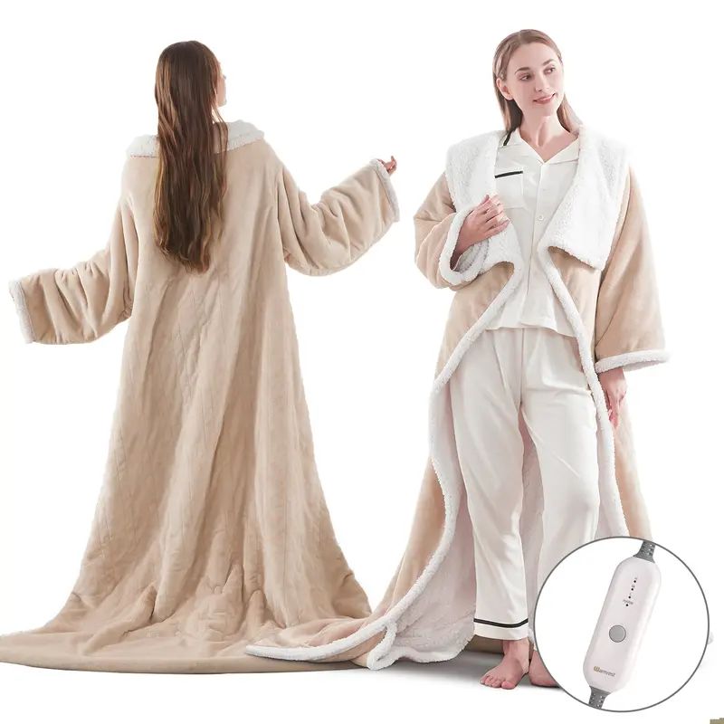 Electric Wearable Throw Blanket with Sleeves & Foot Pocket, Portable Heated Blanket with Heat Settings, 1-10 Hours Auto Shut-off, 50" x 70" + 18, Beige