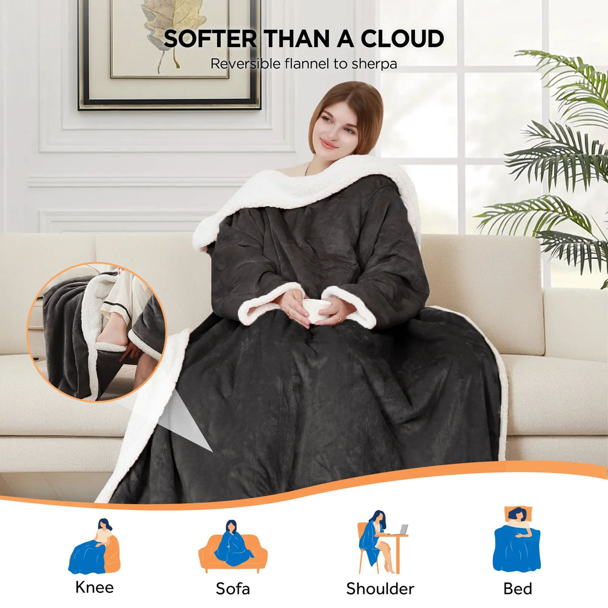 Electric Wearable Throw Blanket with Sleeves & Foot Pocket, Portable Heated Blanket with 4 Heat Settings, 4 Hour Auto Shut-off, 50" x 70" + 18