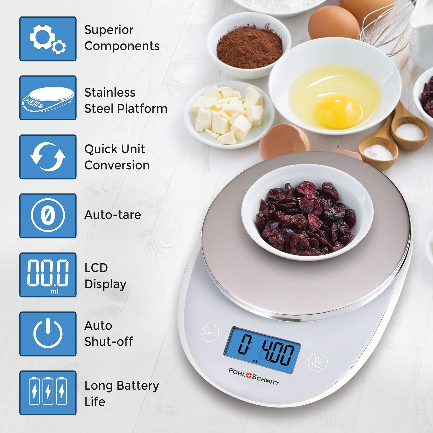 Pohl Schmitt Digital Food Kitchen Scale, Batteries Included, Measures Grams/Ounces, Auto Shut-Off, Stainless Steel, 2 Pack