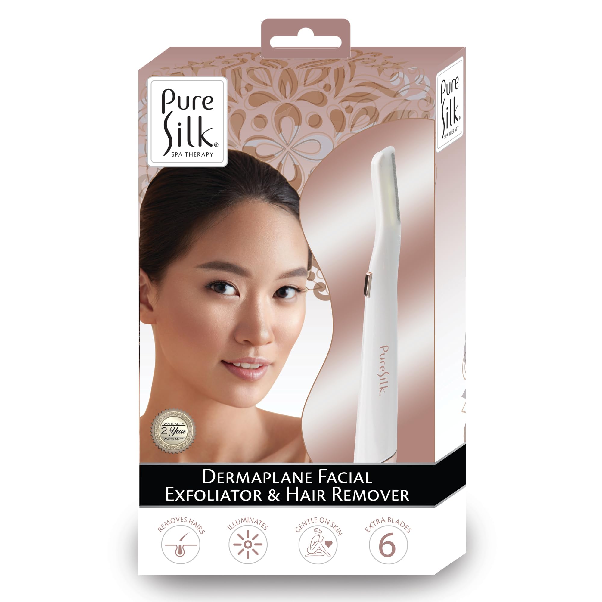 Pure Silk Dermaplaning Tool, Facial Exfoliator & Hair Remover, Battery Operated, Built in LED Light, 6 Replacement Heads, 2 Pack