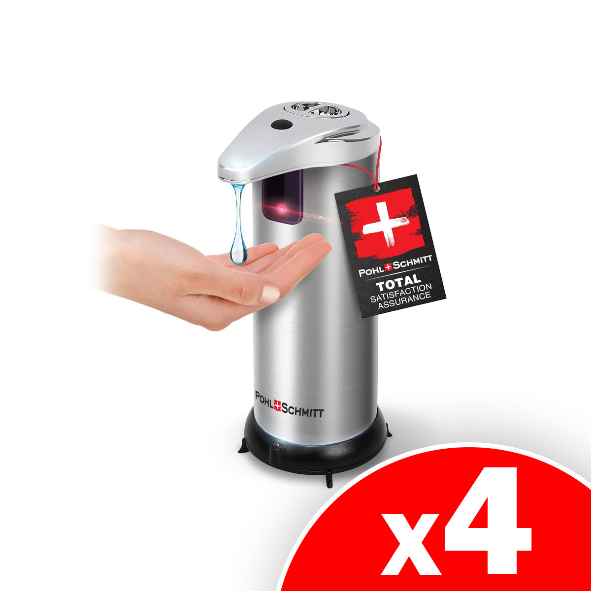 POHL SCHMITT Premium Automatic Soap Dispenser, Touchless, Battery Operated, 3 Adjustment Levels, Waterproof and Leakproof, Stainless Steel, 4 Pack