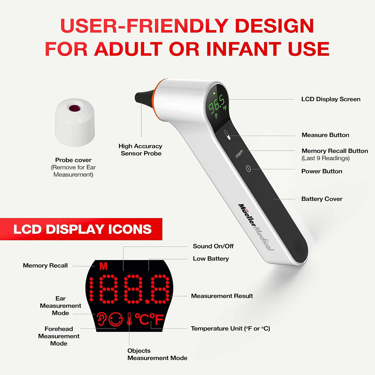 Mueller Ear Forehead Thermometer for Adults and Kids for Fever with Ear Temperature Probe and LCD Display, Non-Contact Body and Surface Thermometer, Auto Shut-Off, White