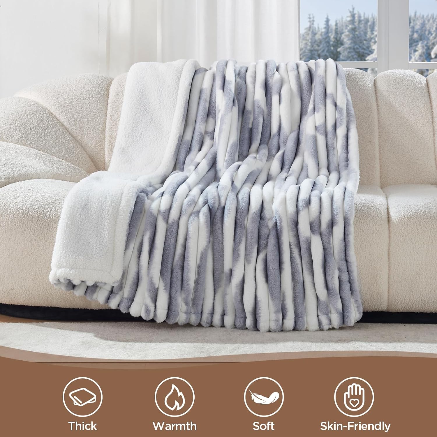 Westinghouse Faux Fur & Sherpa Heated Blanket | Electric Blanket with 10 Heat Levels & 1-12 Hours Auto Off, Fast Heating, Overheat Protection, Blue Grey Striped