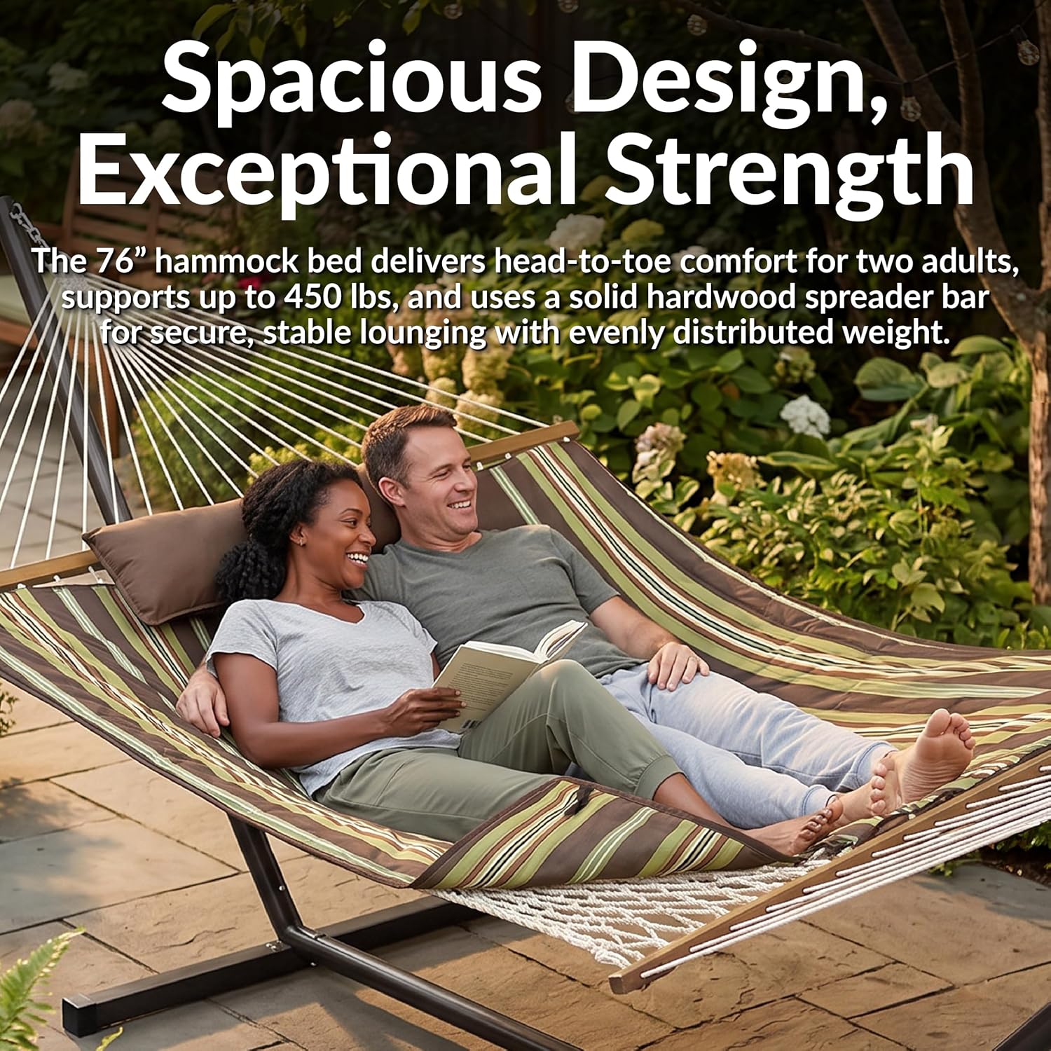 Sunnydaze Rope Hammock with Stand for Outside, 450 lb Capacity | Desert Stripe, Heavy Duty Freestanding Portable Outdoor Hammock Set with Quilted Pad, Pillow, and 12 ft Steel Frame, Desert Stripe