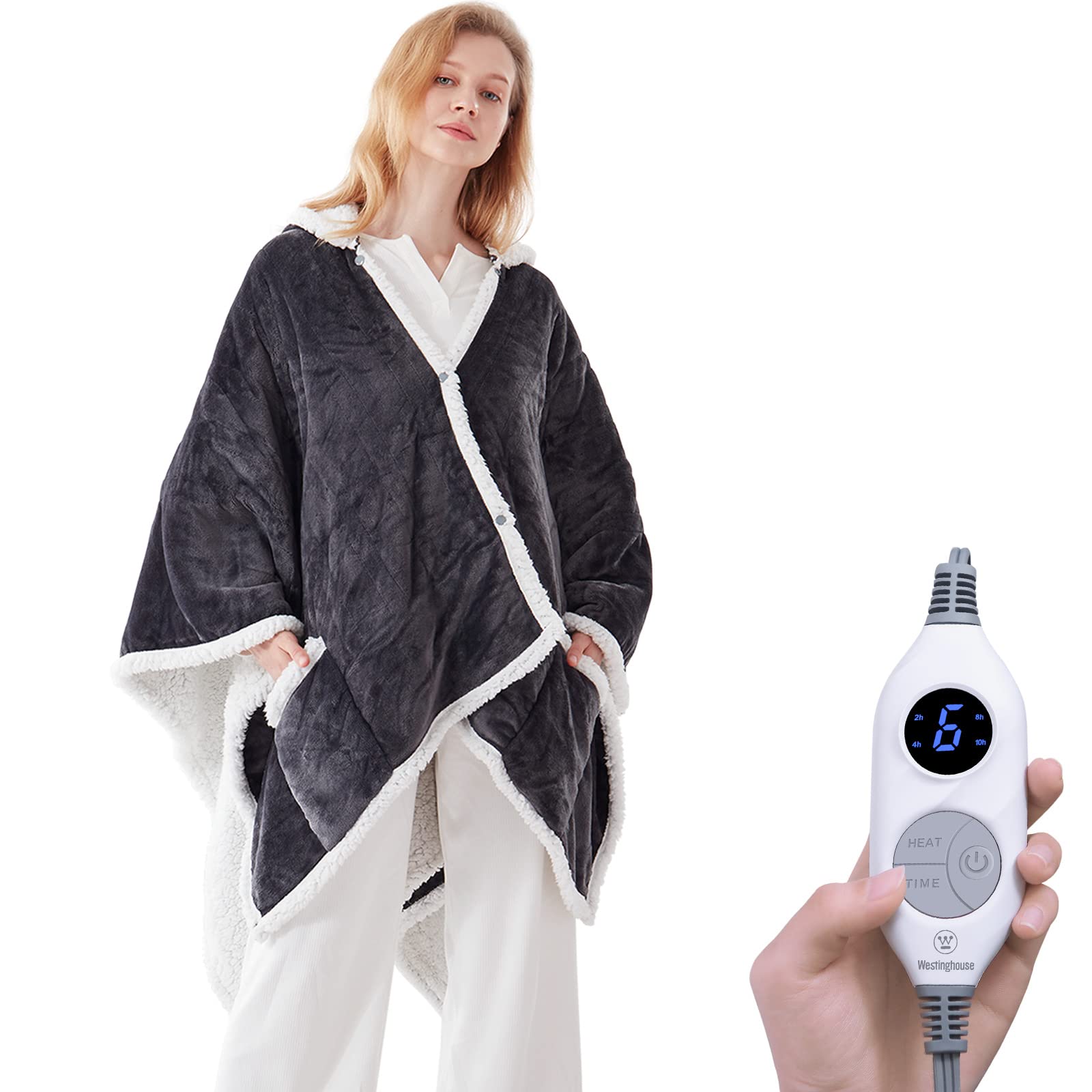 Westinghouse Wearable Electric Throw Flannel Sherpa 50x60 Inch | Electric Shawl Wrap with Pockets, Wearable Heated Poncho Hoodie with 6 Heating Levels & 2-10 Hours Auto Shut Off, Home Office Light Grey 60*50" Heated Hoodie Blanket (Short)