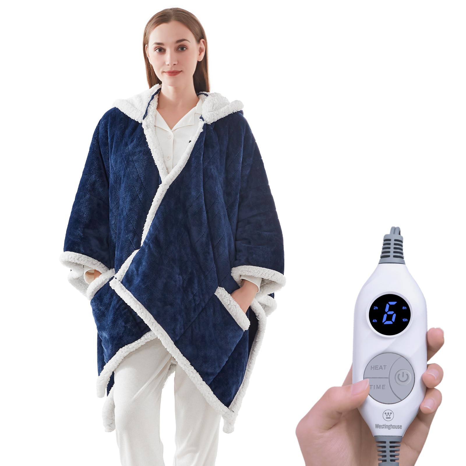 Westinghouse Wearable Electric Throw Flannel Sherpa 50x60 Inch | Electric Shawl Wrap with Pockets, Wearable Heated Poncho Hoodie with 6 Heating Levels & 2-10 Hours Auto Shut Off, Home Office Light Grey 60*50" Heated Hoodie Blanket (Short)