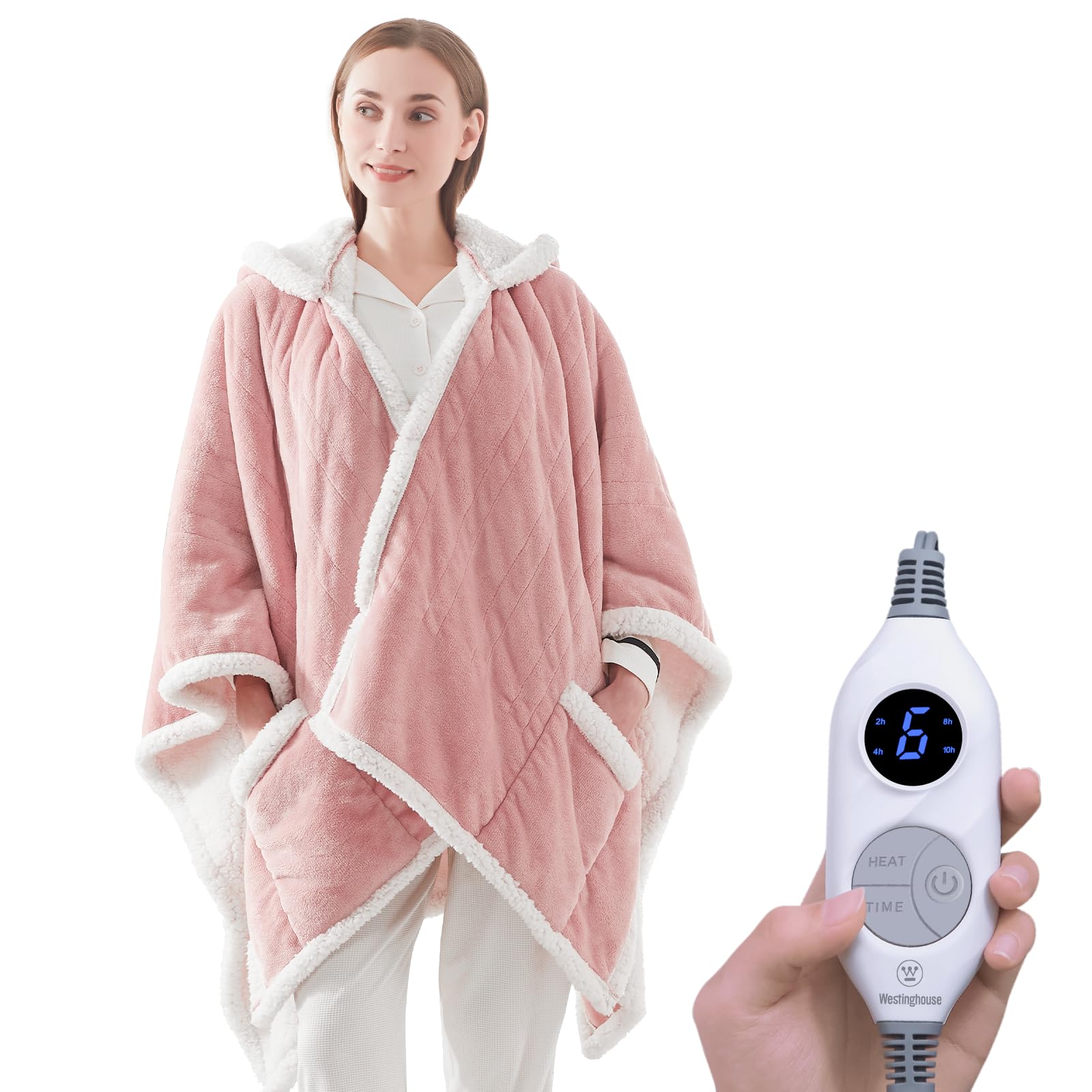 Westinghouse Wearable Electric Throw Flannel Sherpa 50x60 Inch | Electric Shawl Wrap with Pockets, Wearable Heated Poncho Hoodie with 6 Heating Levels & 2-10 Hours Auto Shut Off, Home Office Light Grey 60*50" Heated Hoodie Blanket (Short)
