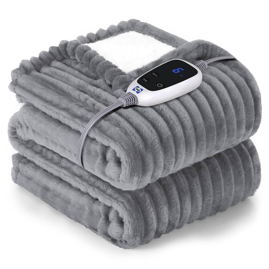Sealy Electric Blanket Throw 5060, Ribbed Flannel to Sherpa with 6 Heat Settings, 2-10 Hours Auto Off, Overheat Protection, Machine Washable, ETC Certified, Grey, Size 50" x 60"