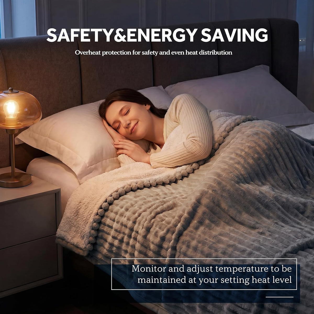 Sealy Electric Blanket Throw 5060, Ribbed Flannel to Sherpa with 6 Heat Settings, 2-10 Hours Auto Off, Overheat Protection, Machine Washable, ETC Certified, Grey, Size 50" x 60"