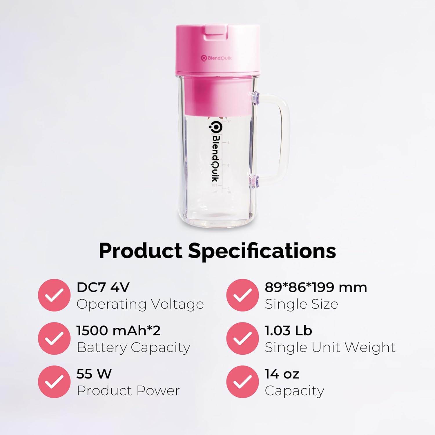 BlendQuik Portable Rechargeable Blender for Smoothies and Shakes, 14oz, Pink, 2 Pack