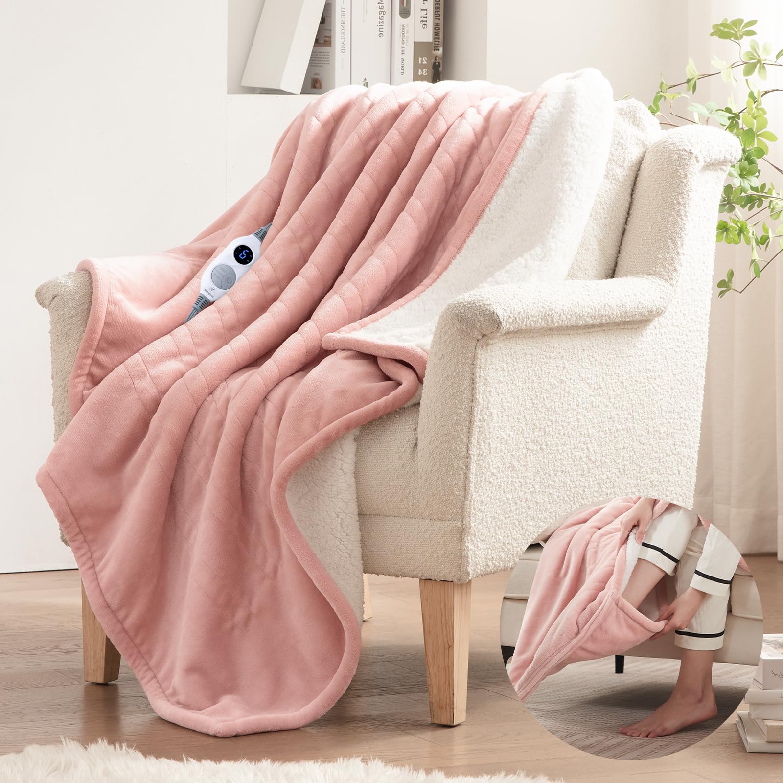 Westinghouse Electric Throw Blanket with Foot Pocket for Adults 50x62 | Soft Flannel to Sherpa Heated Throw with 6 Heating Levels & 2-10 Hours Time Settings, Fast Heating & Machine Washable