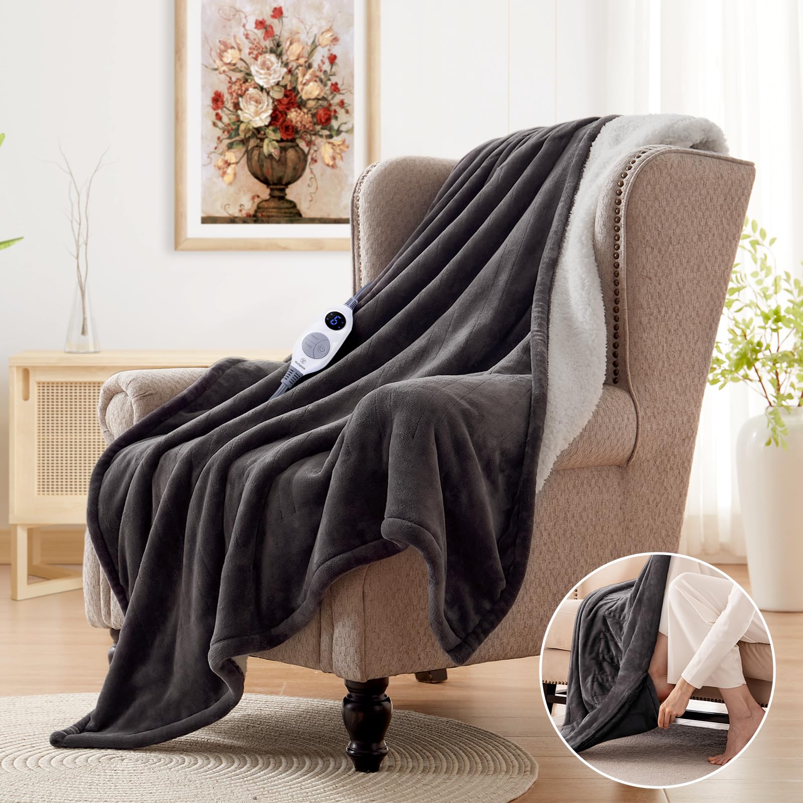 Westinghouse Electric Throw Blanket with Foot Pocket for Adults 50x62 | Soft Flannel to Sherpa Heated Throw with 6 Heating Levels & 2-10 Hours Time Settings, Fast Heating & Machine Washable