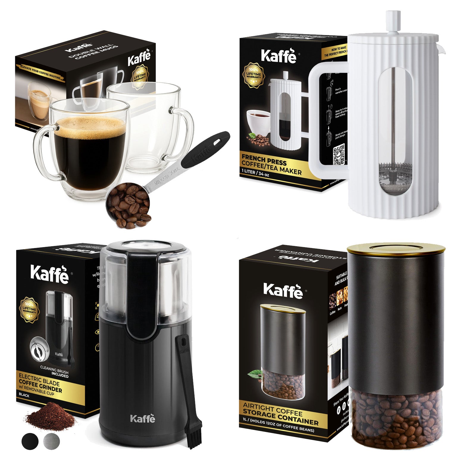 Kaffe Coffee Making Bundle- Includes Grinder, French Press, Measuring Spoon, Airtight Coffee Cannister, Set of 2 Cappuccino Cups