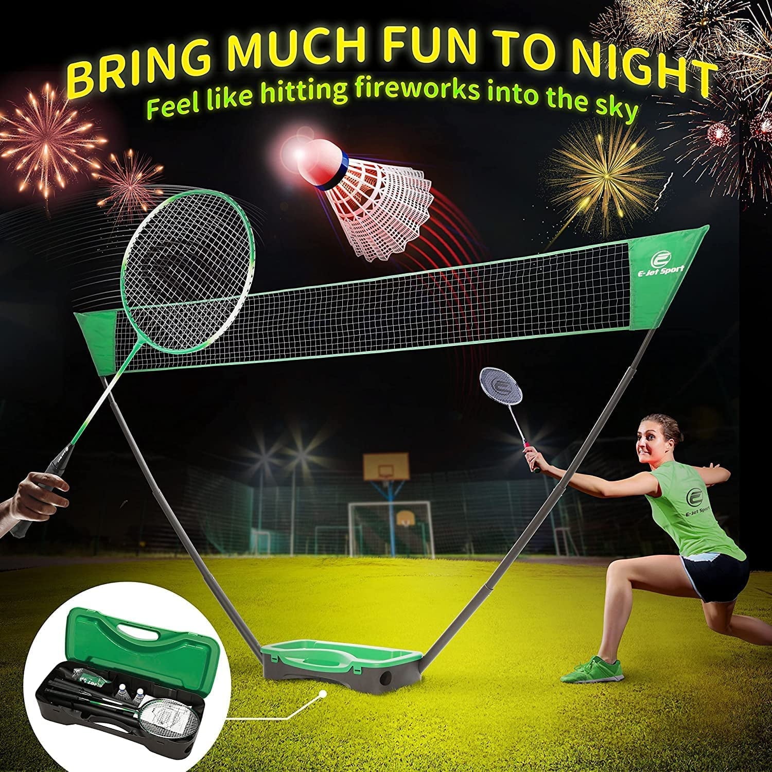 E-Jet Sport Rackets LED Lightning Shuttlecocks Combo Portable Sport Badminton Net Set