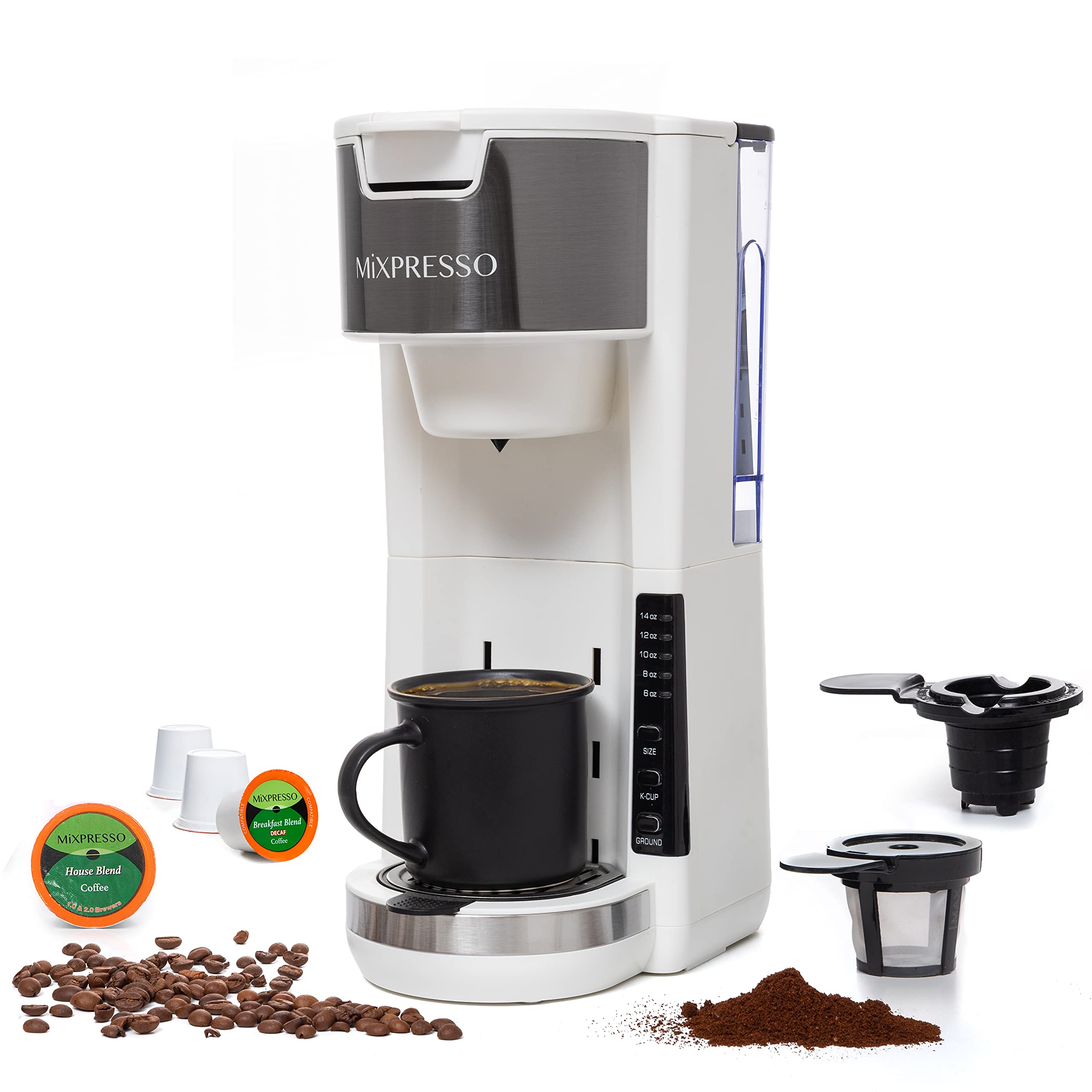 Mixpresso Single Serve Coffee Brewer K-Cup Pods Compatible & Ground