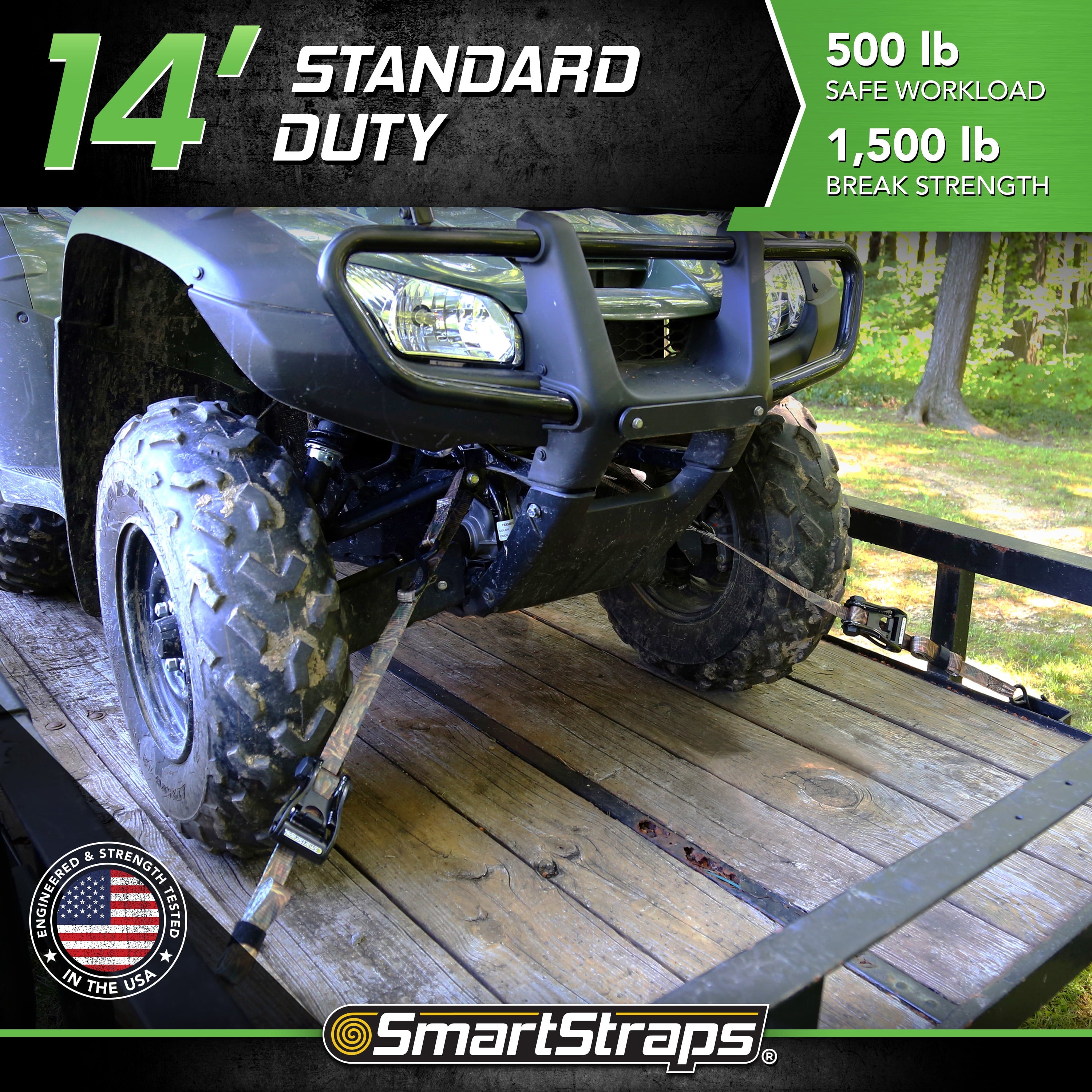 SmartStraps RatchetX Standard Duty Ratchet Tie Down Straps, 1" x 14 ft, 500 lb Safe Work Load, 1,500 lb Break Strength, Padded Handle, Camo, 4-Pack