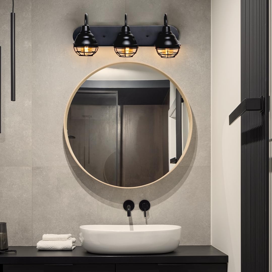 KODA Webster 24-in 3 Light Matte Black Industrial Bathroom Vanity light