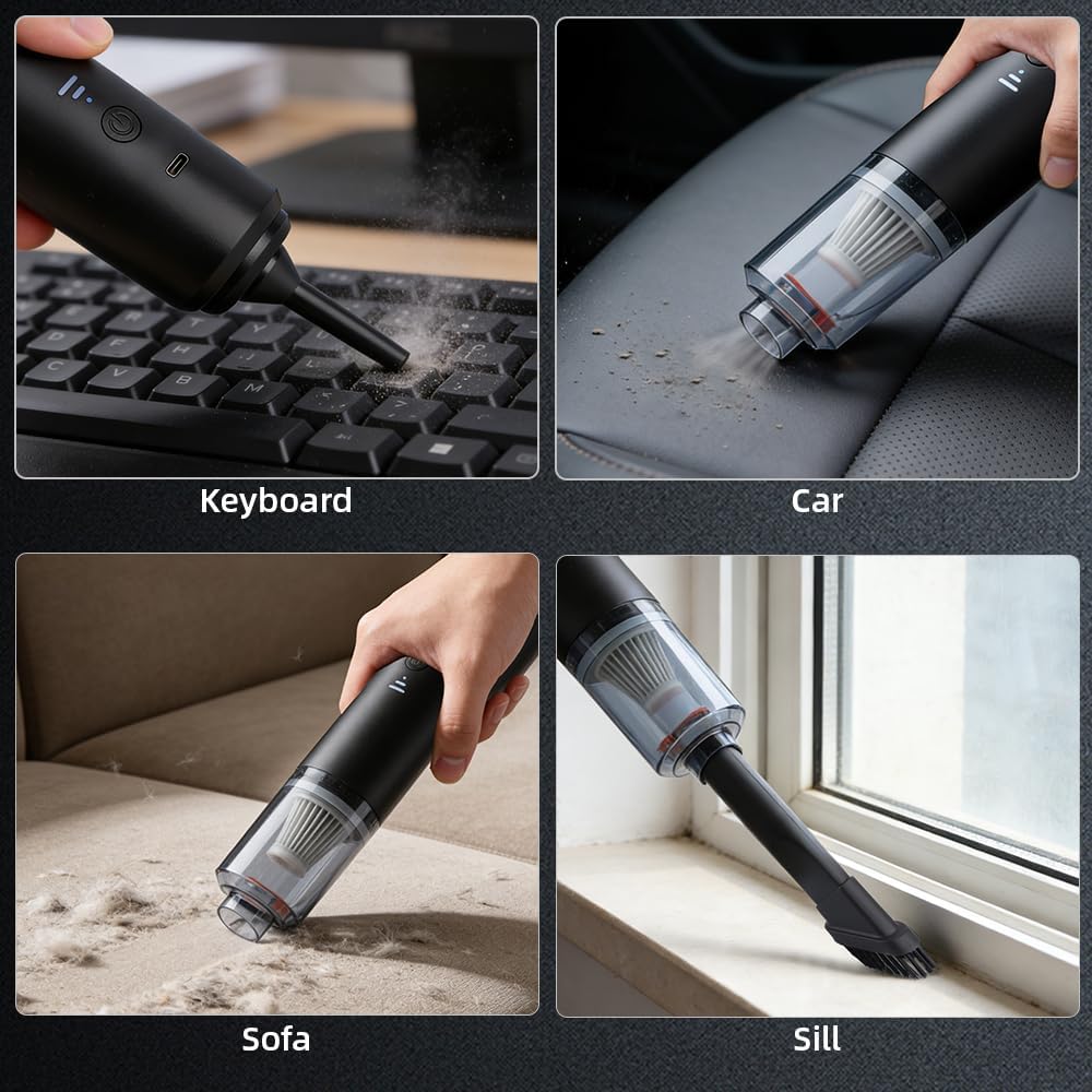4-in-1 Rechargeable Handheld Vacuum Cleaner Blower, with Multi-Nozzles, Washable Filter, Strong Suction & Blowing, Black