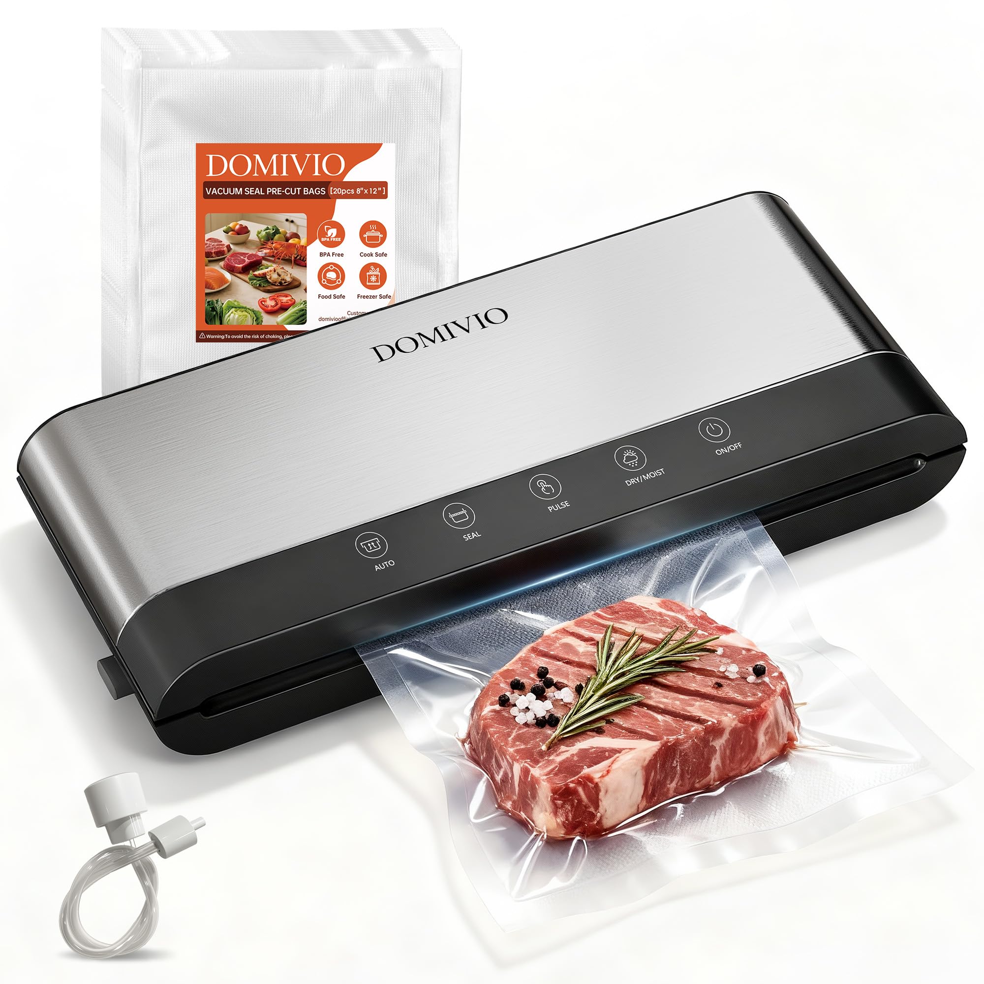 DOMIVIO 85Kpa Vacuum Sealer Machine for Food, 5-in-1 Food Saver with 20 BPA-Free Bags Dry & Moist Modes, Compact Easy-to-Use Vacuum Sealer for Meal Prep (SJ2085)