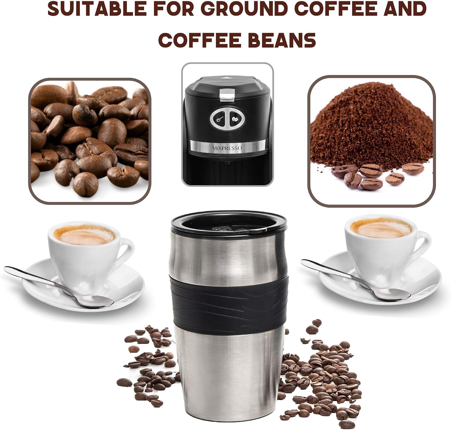 Mixpresso 2 in 1 Grind & Brew Automatic Personal Coffee Maker, Automatic Single Serve Coffee Maker with Grinder Built-In and 14oz Travel Mug, Auto Shut Off Function, Black