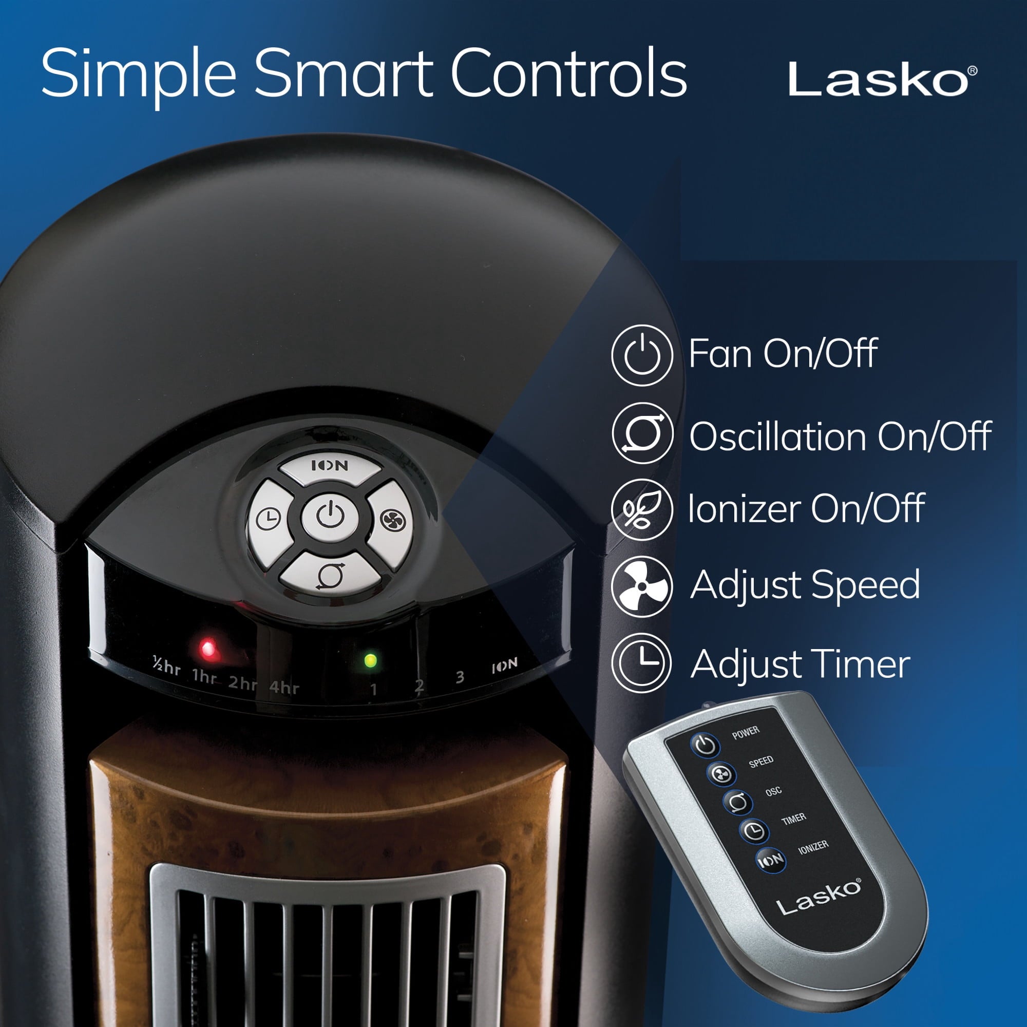 Lasko Wind Curve 42" 3-Speed Oscillating, Remote, 7.5-Hour Timer, Ionizer Tower Fan T42950